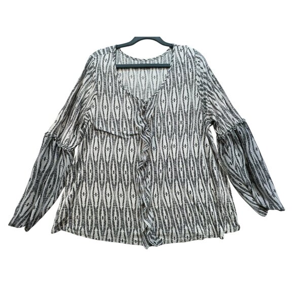 Lane Bryant Womens Blouse Top Size 18/20 Black White Geo Long Sleeve Ruffle - Picture 1 of 12